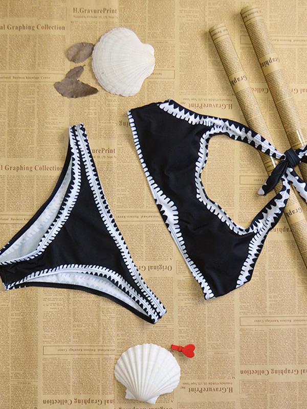 Black Color Block Contrast Bikini Top And Bottom