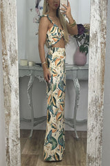 Vickee Tropical Fruit Print Back Smocked Ruffle Tank and High Rise Flare Pants Set