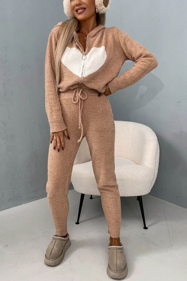 Listen To Your Heart Printed Plush Zipper Hooded Lounge Coat