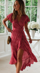 Red Floral Waist-Tie Surplice Hi-Lo Dress