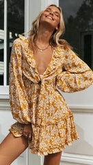 Yellow Floral Front Knot Dress