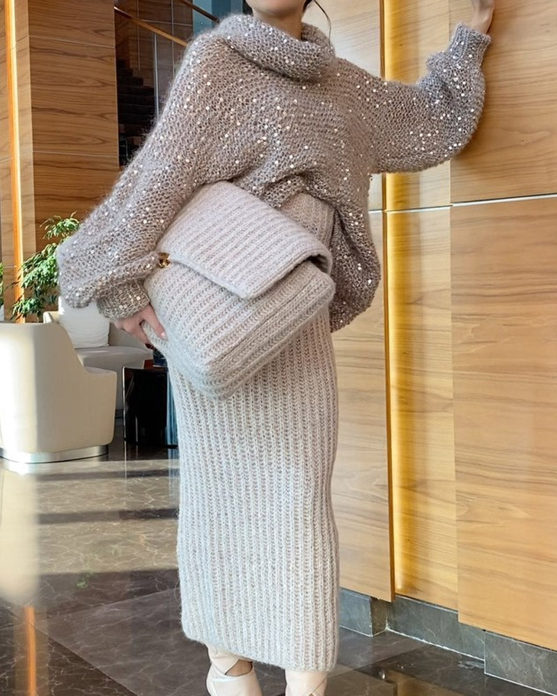 Solid Color Knitted Sequined Sweater & Skirt Two-piece Set
