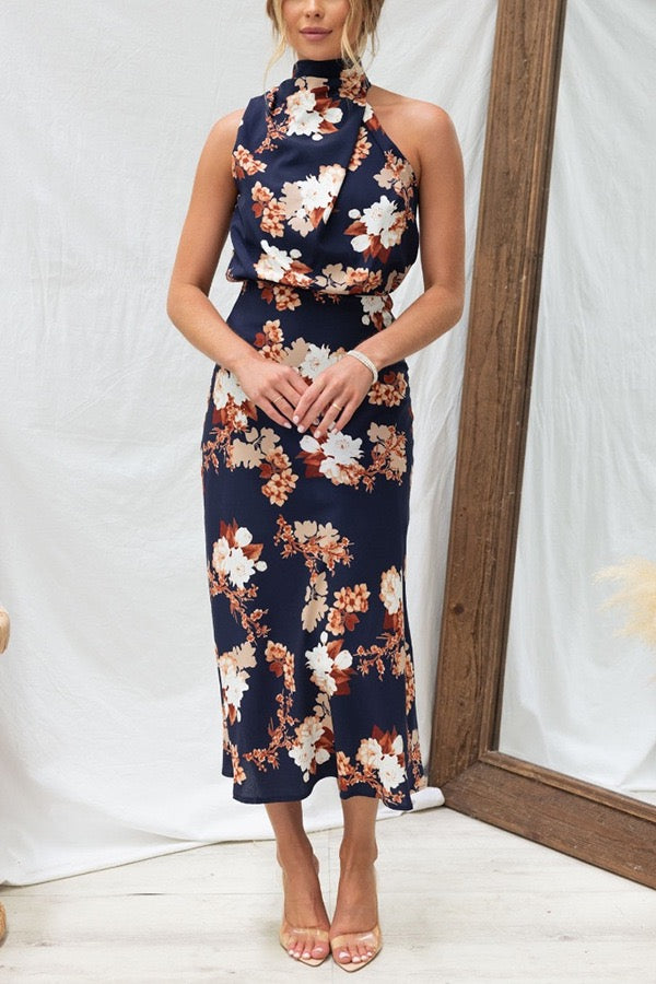 Green Floral Satin Midi Dress