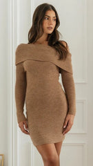 Camel Off Shoulder Knit Mini Dress