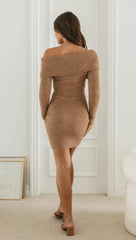 Camel Off Shoulder Knit Mini Dress