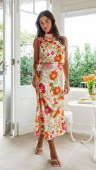Orange Floral Halter Midi Dress
