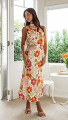 Orange Floral Halter Midi Dress