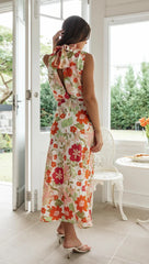 Orange Floral Halter Midi Dress