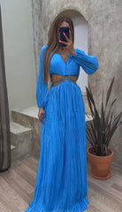 blue evening dress deep V sexy long-sleeved dress