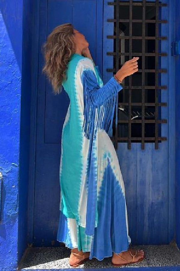 Song of The Vagabond Tie-dye Print Open Front Tassel Duster Cover-up