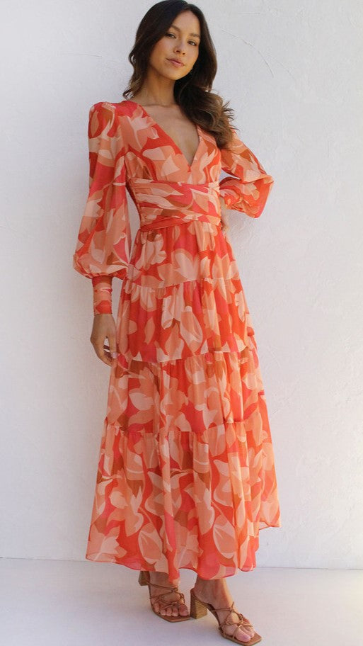 Orange Floral Long Sleeves Midi Dress