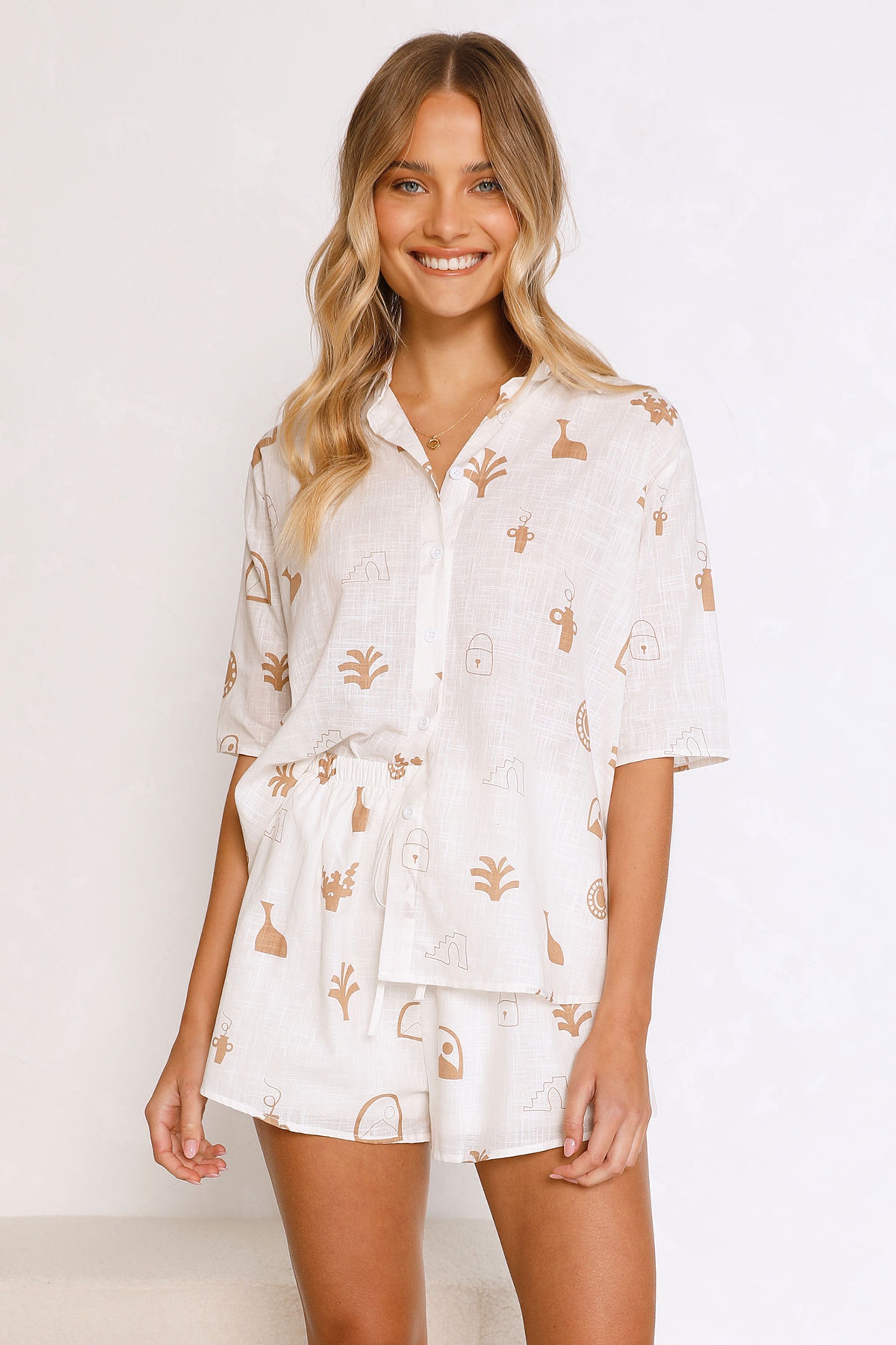 White Graphic Shirt and Shorts Matching Sets