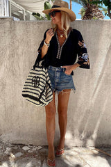 Vacation Vibe Boho Embroidery Half Sleeve Top