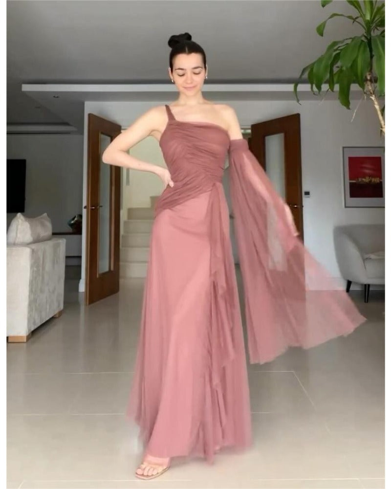 2024ss sexy oblique shoulder see-through dress