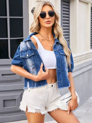 Jeansjacke mit Knopfleiste und Used-Look im Raw-Saum