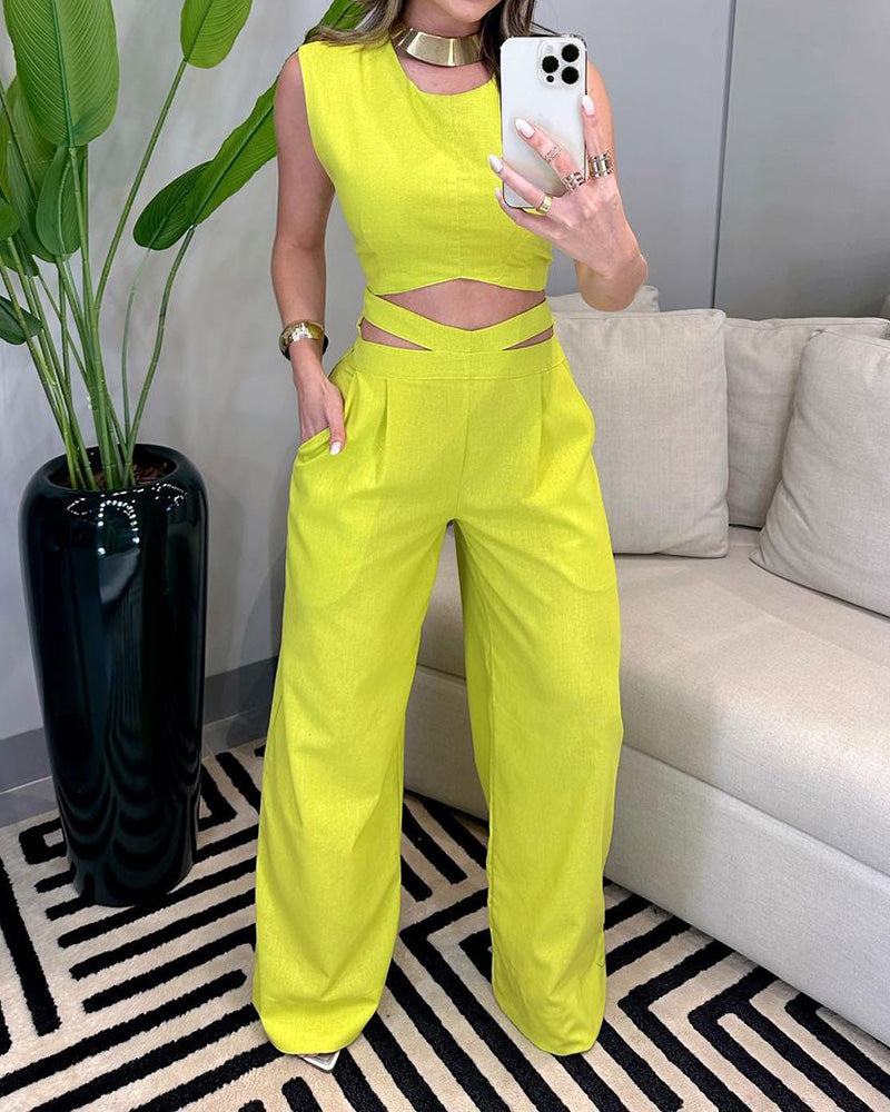 Crew Neck Top Design Pants Two-Piece Set
