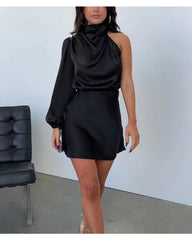 2024ss sexy high-neck half-hemmed long-sleeved dress