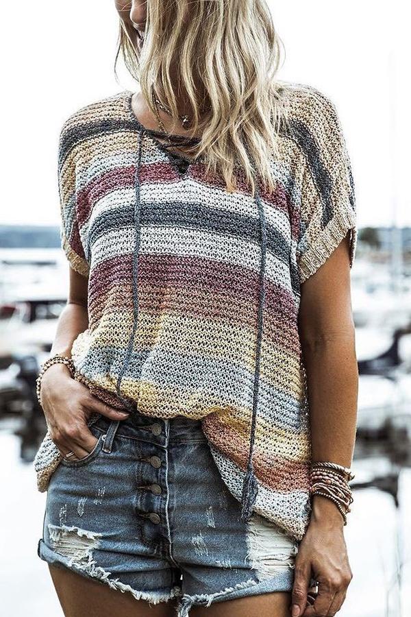 Weekend Living Colorful Lace Up Knit Top