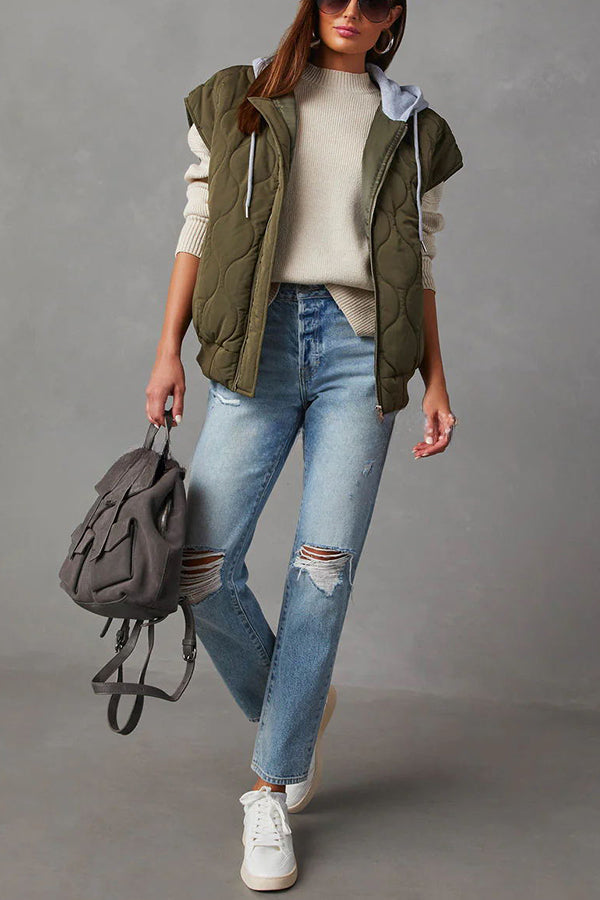 Fall and Forever Zipper Pocket Hooded Quilted Cotton Vest