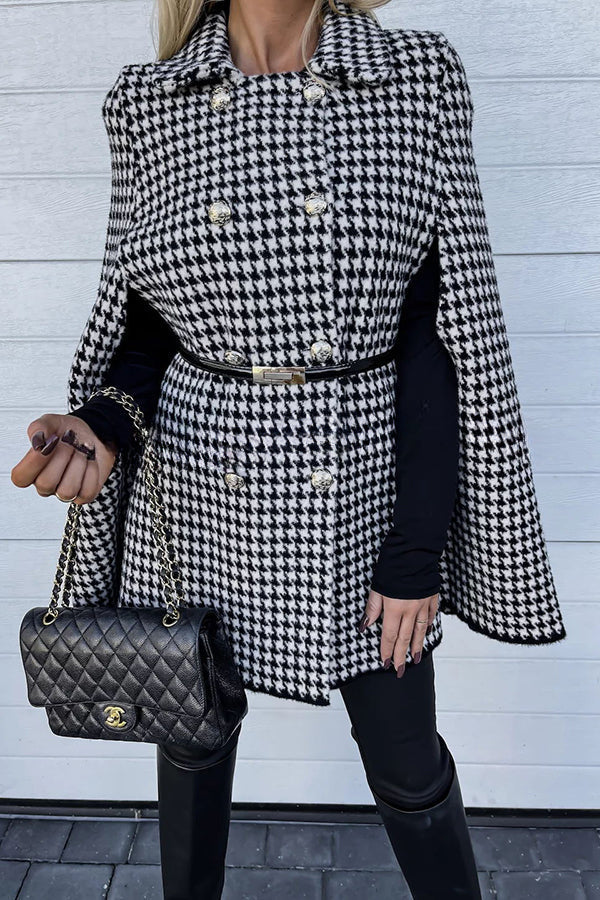 Paris Chic Houndstooth Print Metallic Double-breasted Cape Coat