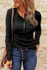 Solid Color Button Crochet Lace Long Sleeve Top