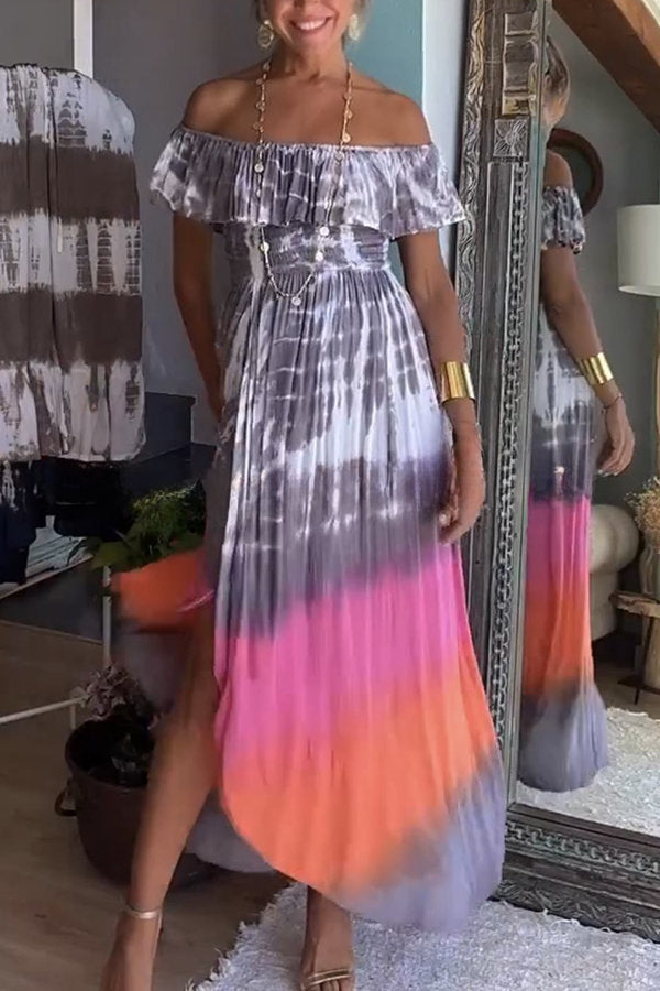 Pacey Tie Dye Print Off Shoulder Ruffle Slit Maxi Dress