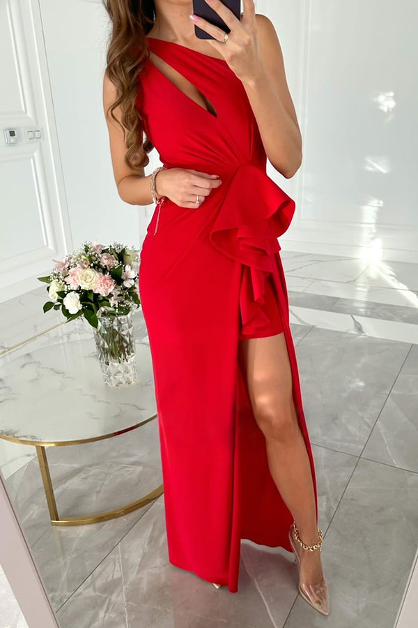 Forever Luxe One Shoulder Cutout Ruffle Split Maxi Dress