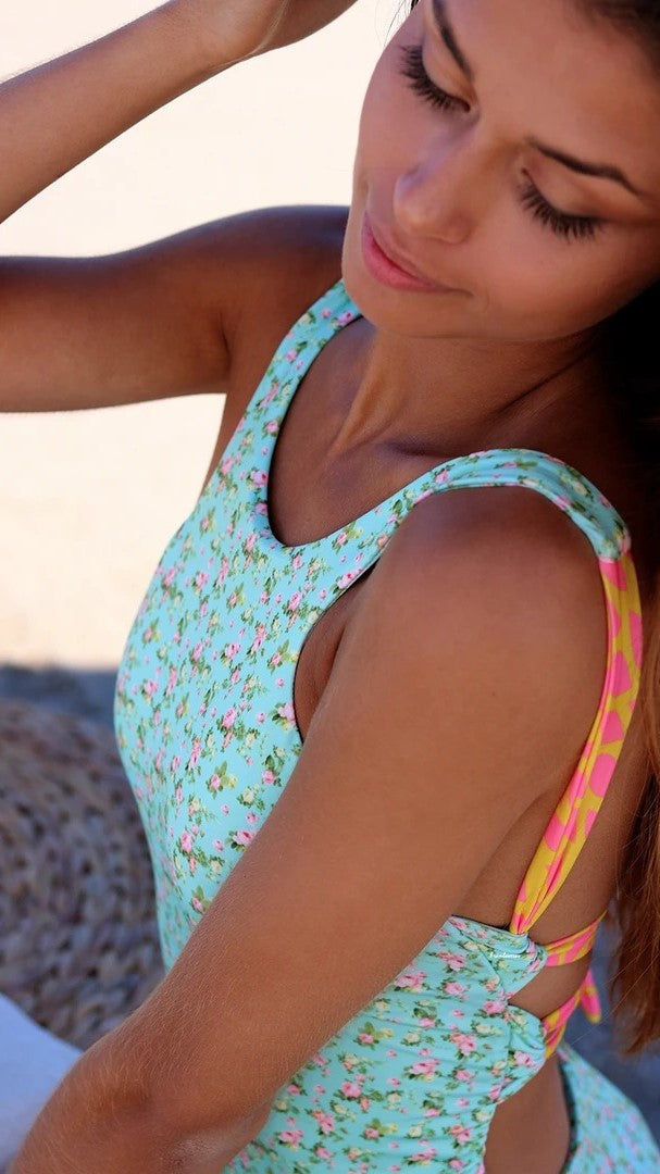 Teal Floral Backless One-Piece Swimsuit