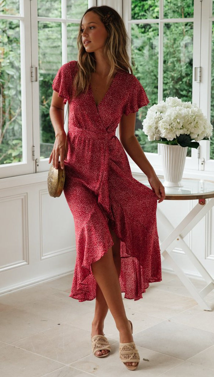 Red Floral Waist-Tie Surplice Hi-Lo Dress