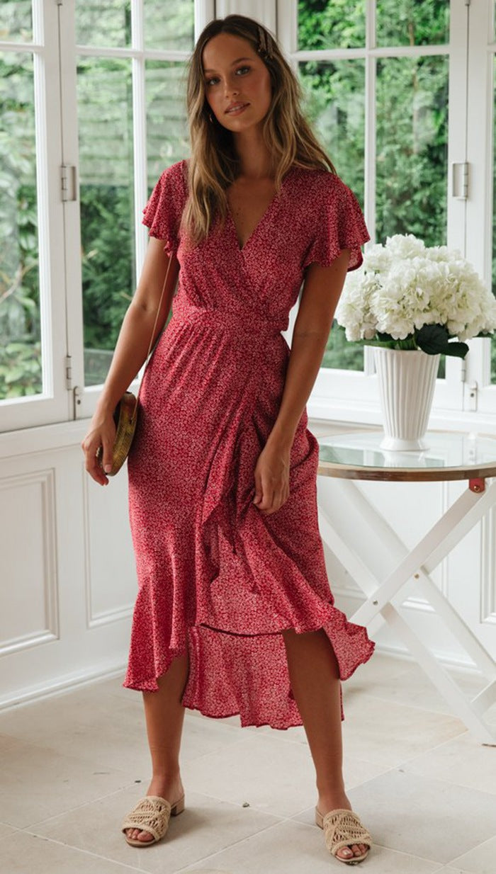 Red Floral Waist-Tie Surplice Hi-Lo Dress