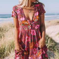 Retro Red Floral Buttoned Rayon Dress