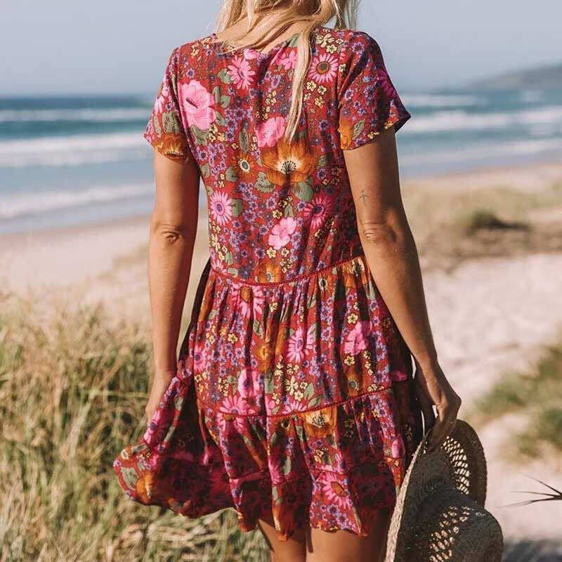 Retro Red Floral Buttoned Rayon Dress