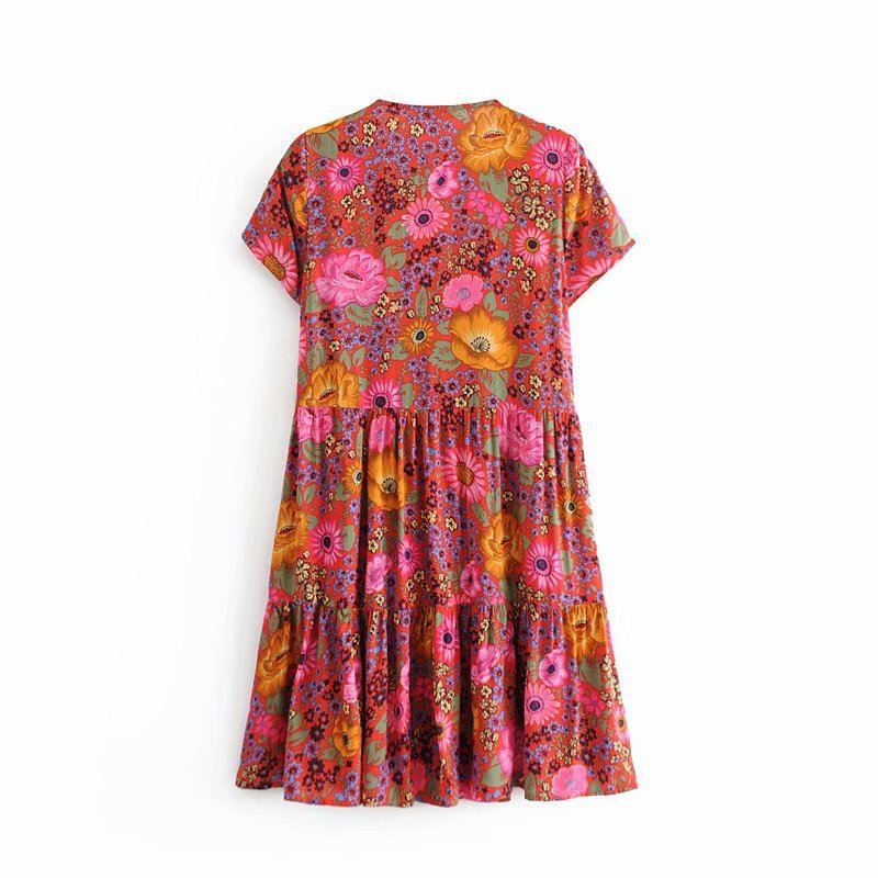 Retro Red Floral Buttoned Rayon Dress