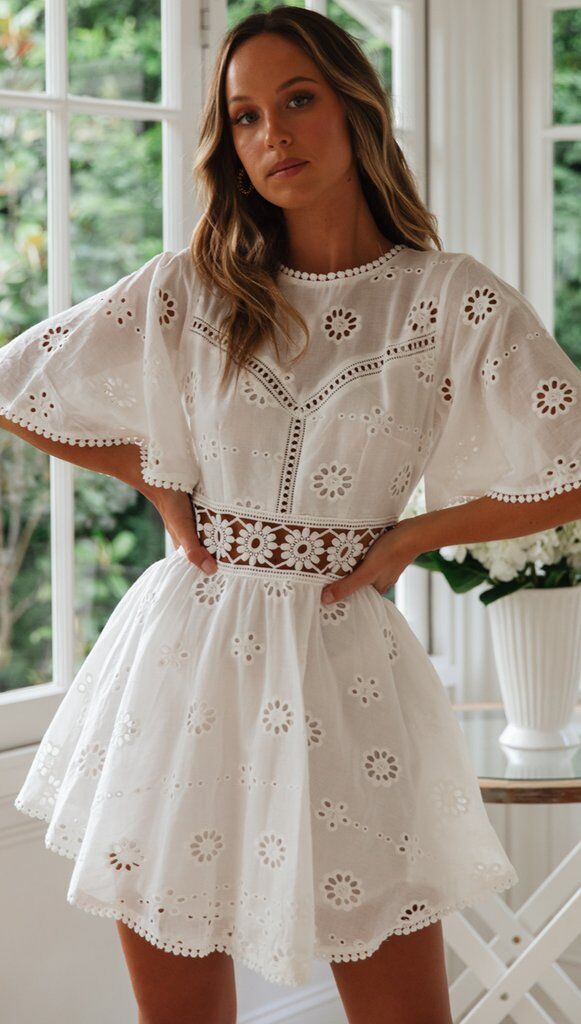 White Crochet Waist Flare Dress