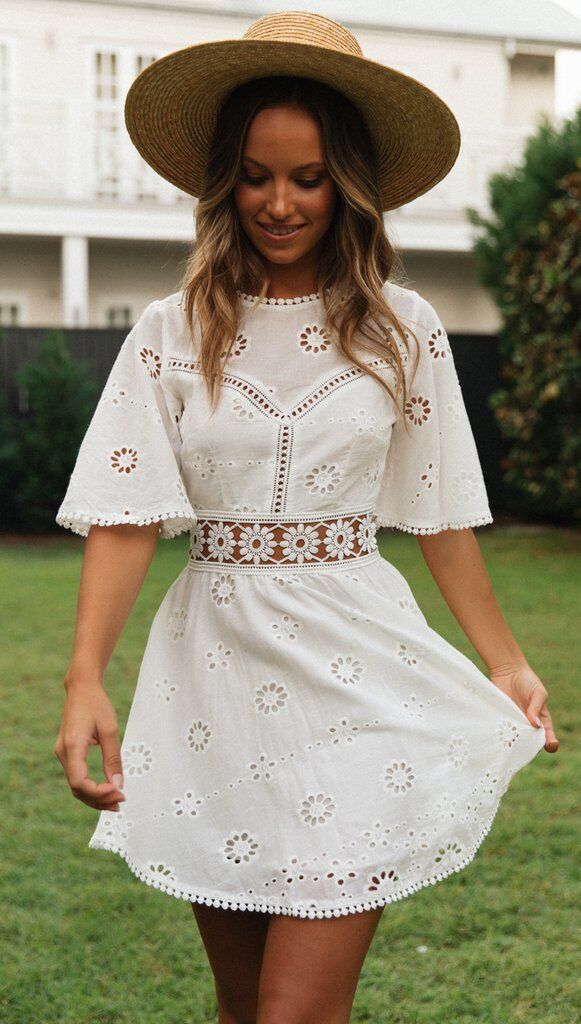 White Crochet Waist Flare Dress
