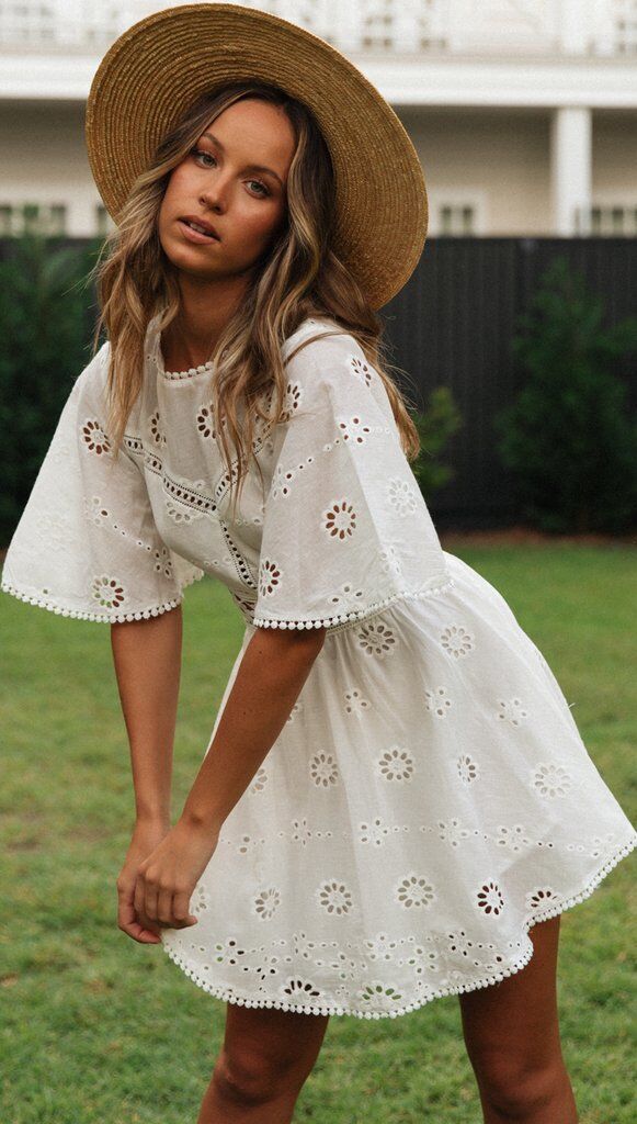 White Crochet Waist Flare Dress