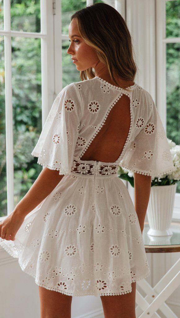White Crochet Waist Flare Dress