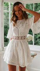 White Crochet Waist Flare Dress