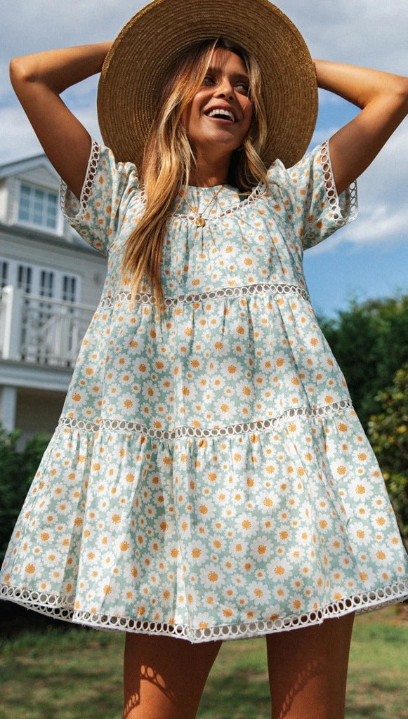 Delicate Green Sunflower Circle Dress