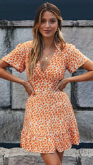 Orange Floral V Neck Mini Dress