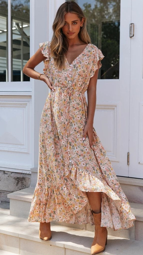Coral Floral Bohemia Button-Down Dress