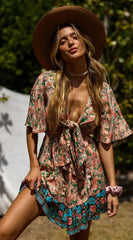 Coral Retro Floral Front Knot Dress