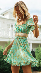Green Wheat Print Backless Dress