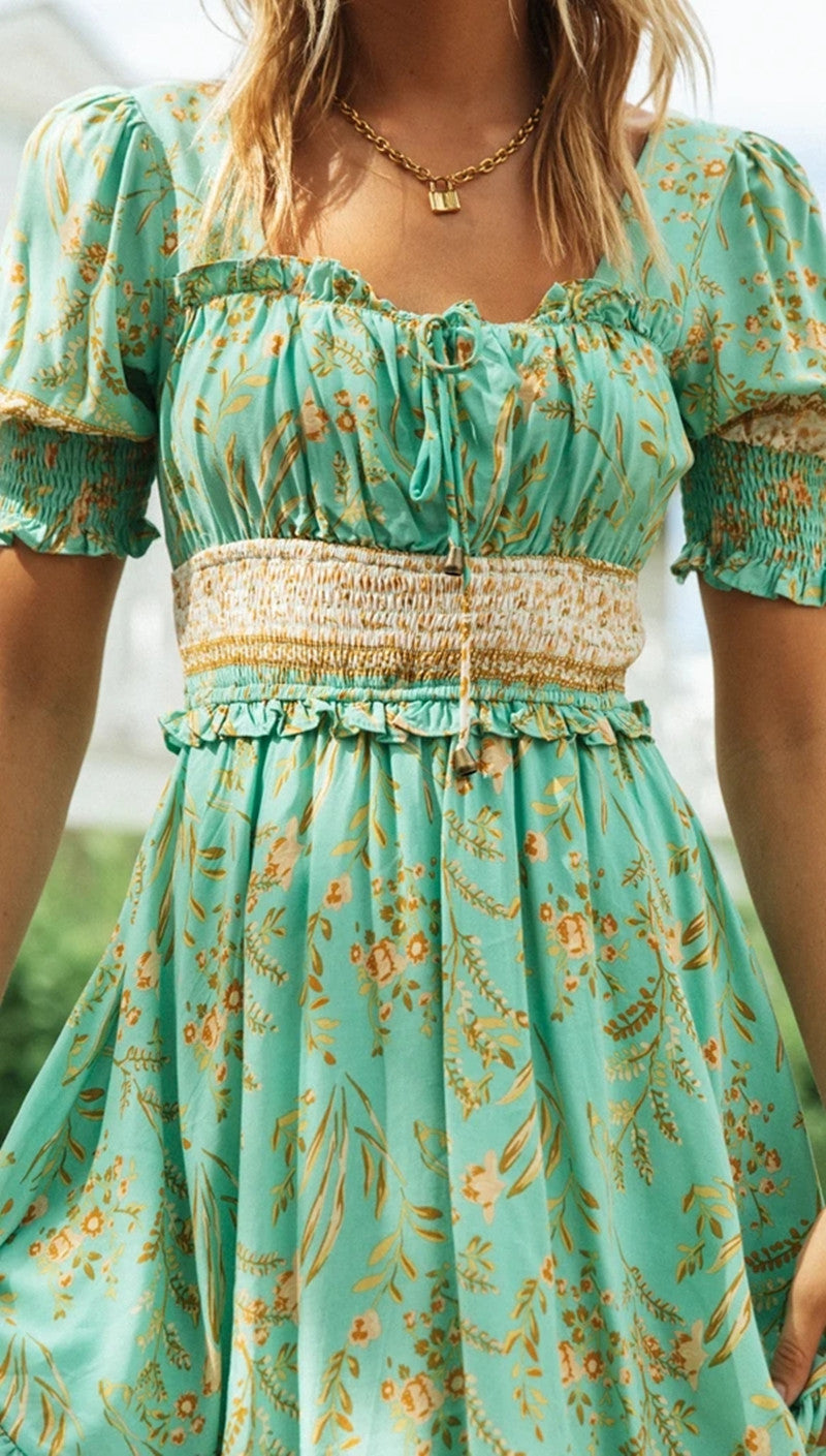 Green Wheat Print Backless Dress