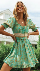 Green Wheat Print Backless Dress