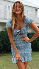Blue Floral Smocked Bodycon Dress