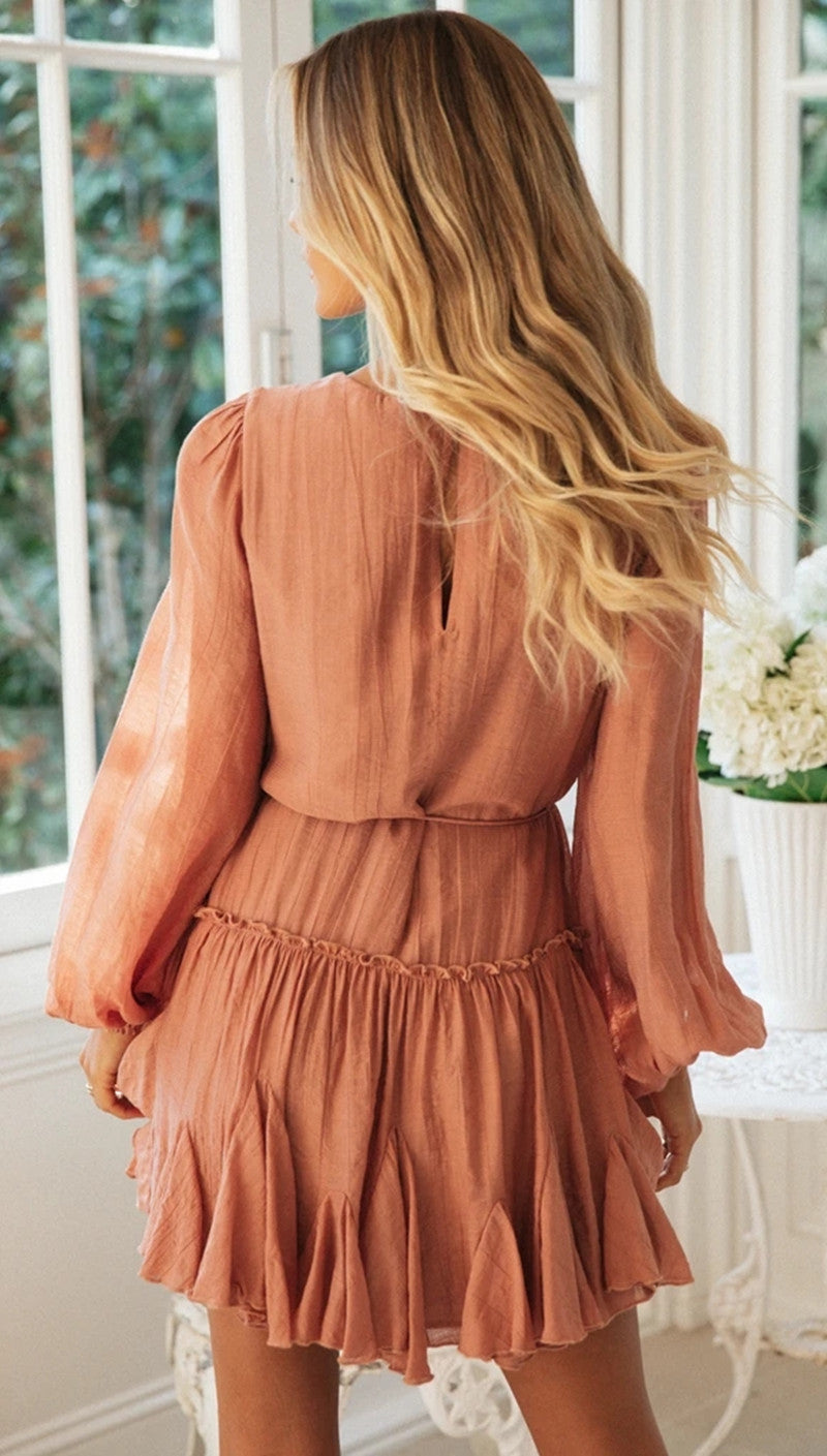 Coral Pink Linen Long Sleeve Dress