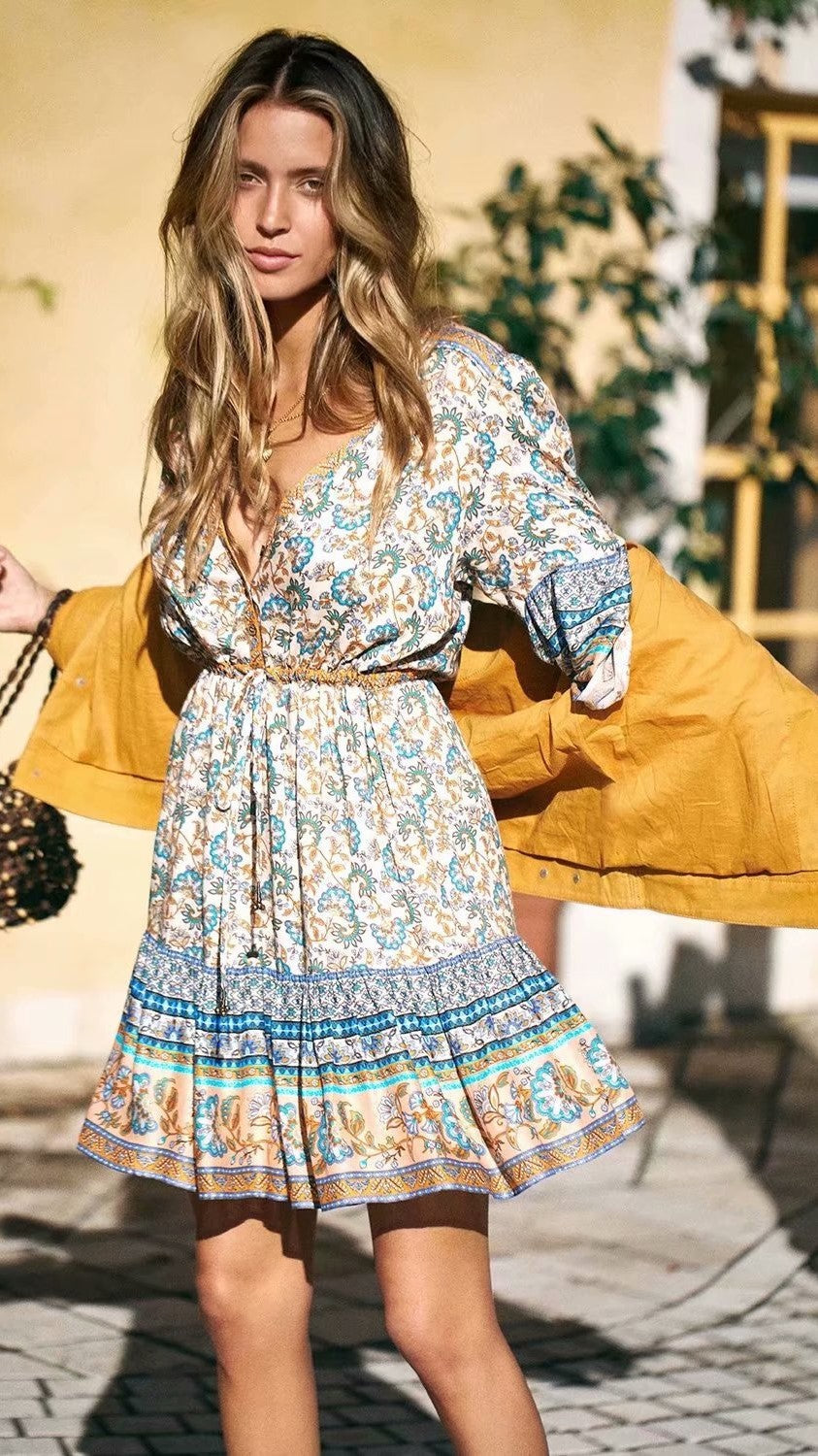 Turquoise Floral Surplice Wrap Dress