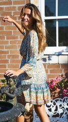Turquoise Floral Surplice Wrap Dress