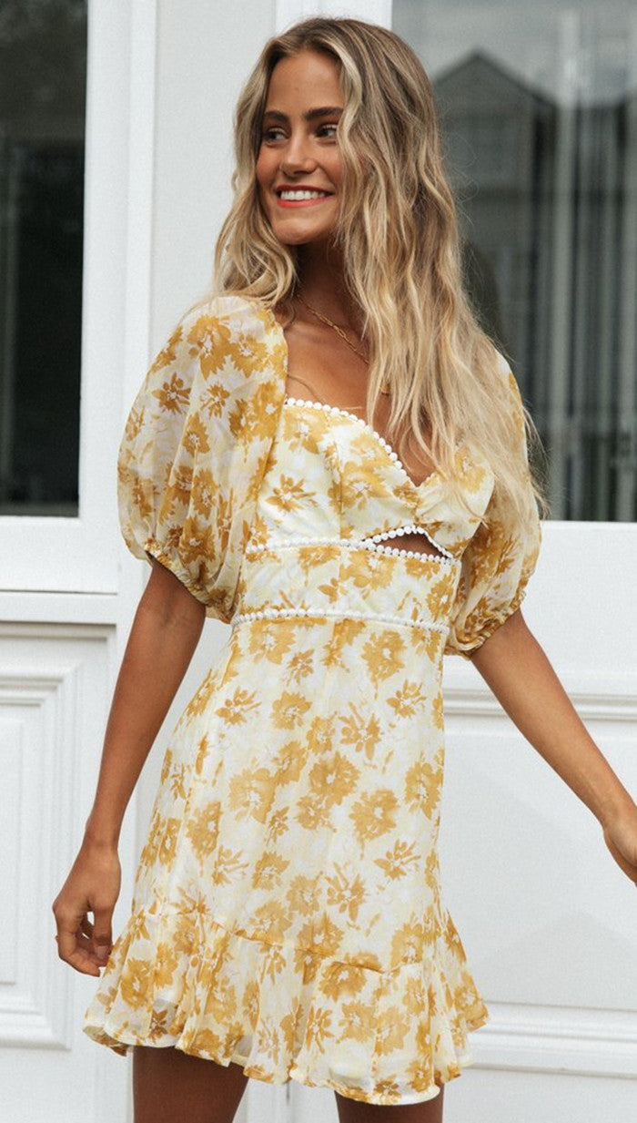 Yellow Floral Pom-Pom Flare Dress